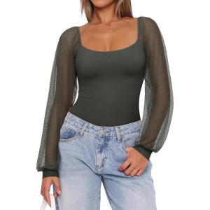 imageREORIA Womens 2025 Fall Casual Mesh Long Sleeve Square Neck Tops Trendy Cute Dressy Slim Fit Going Out TShirtsThyme