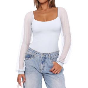 imageREORIA Womens 2025 Fall Casual Mesh Long Sleeve Square Neck Tops Trendy Cute Dressy Slim Fit Going Out TShirtsWhite