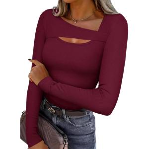 imageREORIA Womens Sexy Ribbed Long Sleeve Cutout Tops 2025 Fall Trendy Slim Fit Y2K Fashion Going Out T ShirtsBurgundy