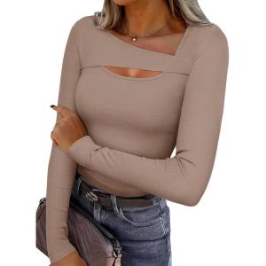 imageREORIA Womens Sexy Ribbed Long Sleeve Cutout Tops 2025 Fall Trendy Slim Fit Y2K Fashion Going Out T ShirtsKhaki