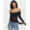 imageREORIA Lace Tops for Women Off Shoulder Lace Trim Crop Tops Ruffle Hem Long Sleeve TopsBlack Onyx