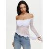 imageREORIA Lace Tops for Women Off Shoulder Lace Trim Crop Tops Ruffle Hem Long Sleeve TopsBright White