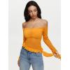 imageREORIA Lace Tops for Women Off Shoulder Lace Trim Crop Tops Ruffle Hem Long Sleeve TopsBright Yellow