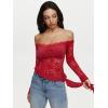 imageREORIA Lace Tops for Women Off Shoulder Lace Trim Crop Tops Ruffle Hem Long Sleeve TopsRibbon Red