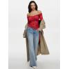 imageREORIA Lace Tops for Women Off Shoulder Lace Trim Crop Tops Ruffle Hem Long Sleeve TopsRibbon Red