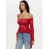 imageREORIA Lace Tops for Women Off Shoulder Lace Trim Crop Tops Ruffle Hem Long Sleeve TopsRibbon Red