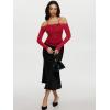 imageREORIA Sexy Lace Top for Women Off Shoulder Long Sleeve Halter Neck Sheer Fitted Going Out Top Y2K Fake Two Piece ShirtRibbon Red