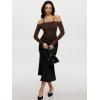 imageREORIA Sexy Lace Top for Women Off Shoulder Long Sleeve Halter Neck Sheer Fitted Going Out Top Y2K Fake Two Piece ShirtShaved Chocolate