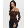 imageREORIA Sexy Lace Top for Women Off Shoulder Long Sleeve Halter Neck Sheer Fitted Going Out Top Y2K Fake Two Piece ShirtShaved Chocolate