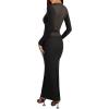 imageREORIA Womens Sexy Deep V Neck Long Sleeve Dress Mesh Sheer Ruched See Through Bodycon Maxi Long DressesBlack Onyx