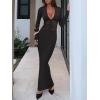 imageREORIA Womens Sexy Deep V Neck Long Sleeve Dress Mesh Sheer Ruched See Through Bodycon Maxi Long DressesBlack Onyx