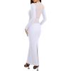 imageREORIA Womens Sexy Deep V Neck Long Sleeve Dress Mesh Sheer Ruched See Through Bodycon Maxi Long DressesBrilliant White