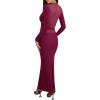 imageREORIA Womens Sexy Deep V Neck Long Sleeve Dress Mesh Sheer Ruched See Through Bodycon Maxi Long DressesCordovan