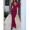 imageREORIA Womens Sexy Deep V Neck Long Sleeve Dress Mesh Sheer Ruched See Through Bodycon Maxi Long DressesCordovan