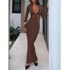 imageREORIA Womens Sexy Deep V Neck Long Sleeve Dress Mesh Sheer Ruched See Through Bodycon Maxi Long DressesShaved Chocolate
