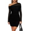 imageREORIA Womens Sexy Off Shoulder Long Sleeve Ruched Bodycon Mini Dress Mesh Sheer Cocktail Club Party Fall Dresses 2025Black