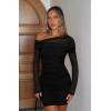 imageREORIA Womens Sexy Off Shoulder Long Sleeve Ruched Bodycon Mini Dress Mesh Sheer Cocktail Club Party Fall Dresses 2025Black