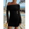 imageREORIA Womens Sexy Off Shoulder Long Sleeve Ruched Bodycon Mini Dress Mesh Sheer Cocktail Club Party Fall Dresses 2025Black