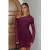 imageREORIA Womens Sexy Off Shoulder Long Sleeve Ruched Bodycon Mini Dress Mesh Sheer Cocktail Club Party Fall Dresses 2025Cordovan