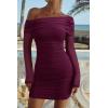 imageREORIA Womens Sexy Off Shoulder Long Sleeve Ruched Bodycon Mini Dress Mesh Sheer Cocktail Club Party Fall Dresses 2025Cordovan