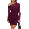imageREORIA Womens Sexy Off Shoulder Long Sleeve Ruched Bodycon Mini Dress Mesh Sheer Cocktail Club Party Fall Dresses 2025Cordovan