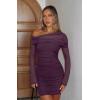 imageREORIA Womens Sexy Off Shoulder Long Sleeve Ruched Bodycon Mini Dress Mesh Sheer Cocktail Club Party Fall Dresses 2025Crushed Violets