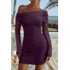 imageREORIA Womens Sexy Off Shoulder Long Sleeve Ruched Bodycon Mini Dress Mesh Sheer Cocktail Club Party Fall Dresses 2025Crushed Violets