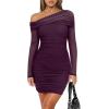 imageREORIA Womens Sexy Off Shoulder Long Sleeve Ruched Bodycon Mini Dress Mesh Sheer Cocktail Club Party Fall Dresses 2025Crushed Violets
