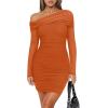imageREORIA Womens Sexy Off Shoulder Long Sleeve Ruched Bodycon Mini Dress Mesh Sheer Cocktail Club Party Fall Dresses 2025Harvest Pumpkin
