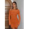 imageREORIA Womens Sexy Off Shoulder Long Sleeve Ruched Bodycon Mini Dress Mesh Sheer Cocktail Club Party Fall Dresses 2025Harvest Pumpkin