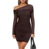 imageREORIA Womens Sexy Off Shoulder Long Sleeve Ruched Bodycon Mini Dress Mesh Sheer Cocktail Club Party Fall Dresses 2025Shaved Chocolate