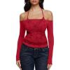 imageREORIA Sexy Lace Top for Women Off Shoulder Long Sleeve Halter Neck Sheer Fitted Going Out Top Y2K Fake Two Piece ShirtRibbon Red