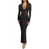 imageREORIA Womens Sexy Deep V Neck Long Sleeve Dress Mesh Sheer Ruched See Through Bodycon Maxi Long DressesBlack Onyx