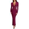 imageREORIA Womens Sexy Deep V Neck Long Sleeve Dress Mesh Sheer Ruched See Through Bodycon Maxi Long DressesCordovan