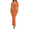 imageREORIA Womens Sexy Deep V Neck Long Sleeve Dress Mesh Sheer Ruched See Through Bodycon Maxi Long DressesHarvest Pumpkin