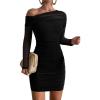 imageREORIA Womens Sexy Off Shoulder Long Sleeve Ruched Bodycon Mini Dress Mesh Sheer Cocktail Club Party Fall Dresses 2025Black