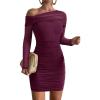 imageREORIA Womens Sexy Off Shoulder Long Sleeve Ruched Bodycon Mini Dress Mesh Sheer Cocktail Club Party Fall Dresses 2025Cordovan