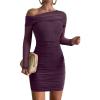 imageREORIA Womens Sexy Off Shoulder Long Sleeve Ruched Bodycon Mini Dress Mesh Sheer Cocktail Club Party Fall Dresses 2025Crushed Violets