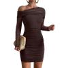 imageREORIA Womens Sexy Off Shoulder Long Sleeve Ruched Bodycon Mini Dress Mesh Sheer Cocktail Club Party Fall Dresses 2025Shaved Chocolate