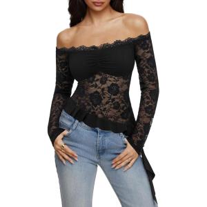 imageREORIA Lace Tops for Women Off Shoulder Lace Trim Crop Tops Ruffle Hem Long Sleeve TopsBlack Onyx