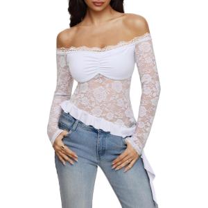 imageREORIA Lace Tops for Women Off Shoulder Lace Trim Crop Tops Ruffle Hem Long Sleeve TopsBright White