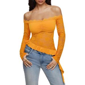 imageREORIA Lace Tops for Women Off Shoulder Lace Trim Crop Tops Ruffle Hem Long Sleeve TopsBright Yellow