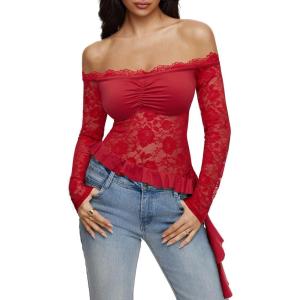 imageREORIA Lace Tops for Women Off Shoulder Lace Trim Crop Tops Ruffle Hem Long Sleeve TopsRibbon Red