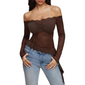 imageREORIA Lace Tops for Women Off Shoulder Lace Trim Crop Tops Ruffle Hem Long Sleeve TopsShaved Chocolate