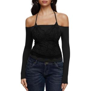 imageREORIA Sexy Lace Top for Women Off Shoulder Long Sleeve Halter Neck Sheer Fitted Going Out Top Y2K Fake Two Piece ShirtBlack Onyx
