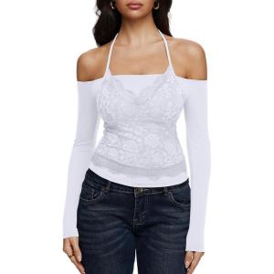 imageREORIA Sexy Lace Top for Women Off Shoulder Long Sleeve Halter Neck Sheer Fitted Going Out Top Y2K Fake Two Piece ShirtBright White