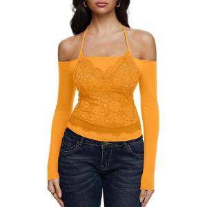 imageREORIA Sexy Lace Top for Women Off Shoulder Long Sleeve Halter Neck Sheer Fitted Going Out Top Y2K Fake Two Piece ShirtBright Yellow