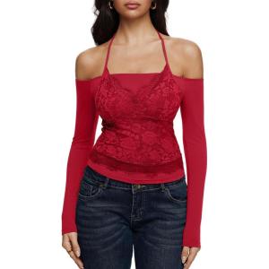 imageREORIA Sexy Lace Top for Women Off Shoulder Long Sleeve Halter Neck Sheer Fitted Going Out Top Y2K Fake Two Piece ShirtRibbon Red
