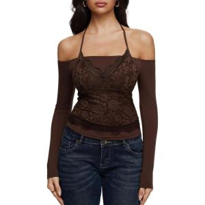imageREORIA Sexy Lace Top for Women Off Shoulder Long Sleeve Halter Neck Sheer Fitted Going Out Top Y2K Fake Two Piece ShirtShaved Chocolate
