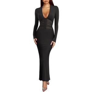 imageREORIA Womens Sexy Deep V Neck Long Sleeve Dress Mesh Sheer Ruched See Through Bodycon Maxi Long DressesBlack Onyx